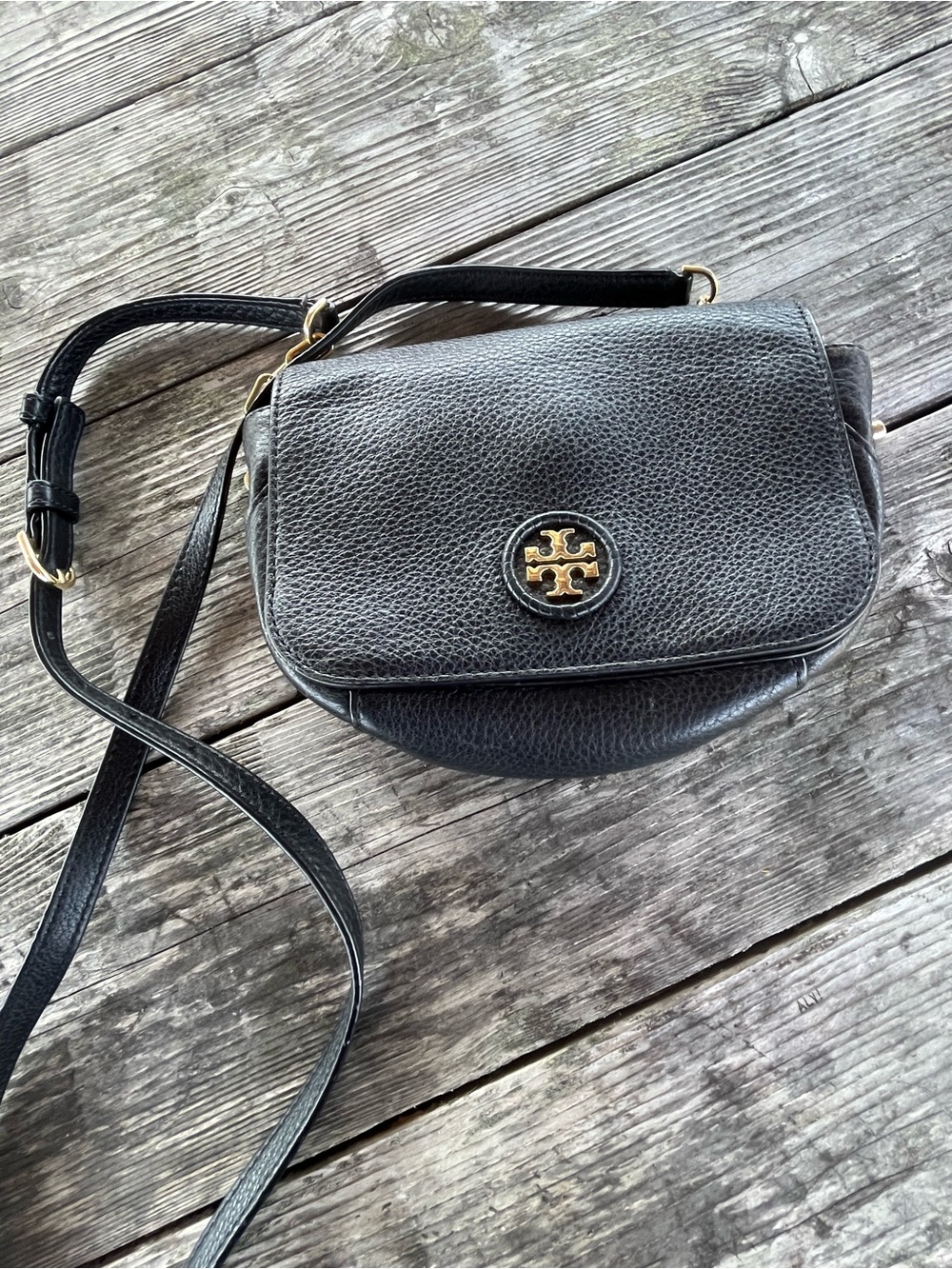 Tory Burch Black Pebbled Leather Flap Crossbody with Gold Logo